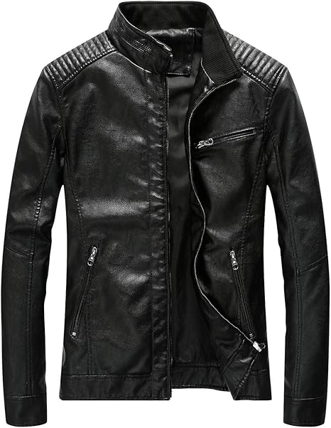 Leather Jacket Men Black Slim Fit Motorcyle Lightweight.